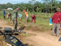 Babinsa Koramil 426-05/PA, Terjun Langsung Gotong Royong Penimbunan Jalan Bersama Warga